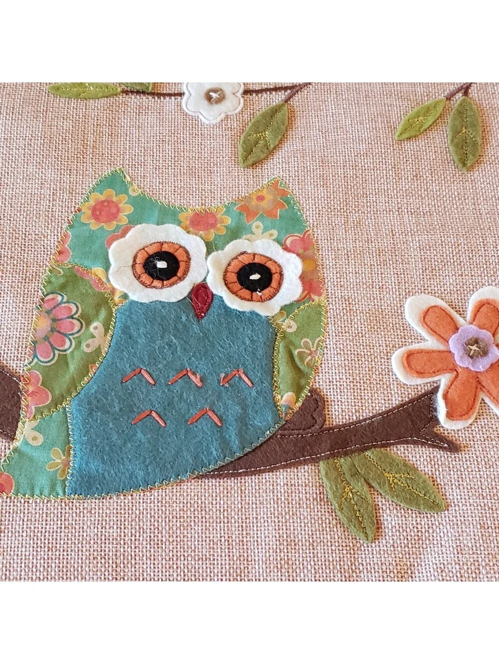 Owl Table Runner Floral Felt Applique Embroidery Ribbon Spring Summer Pink